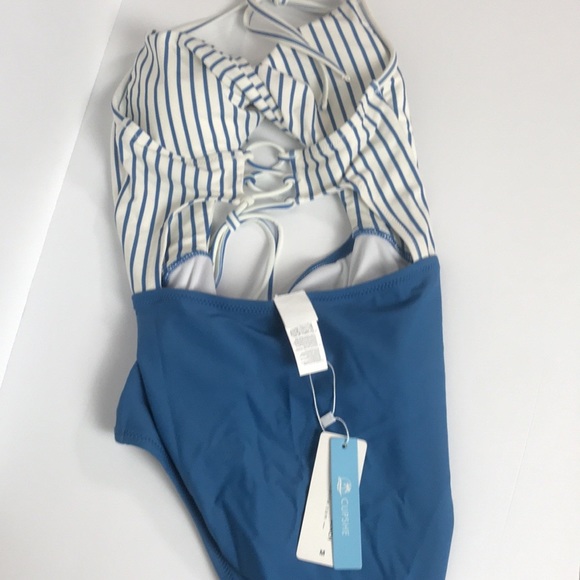 Cupshe Swim Navy Striped Twist Front One Piece Swimsuit Size Medium - Picture 7 of 11